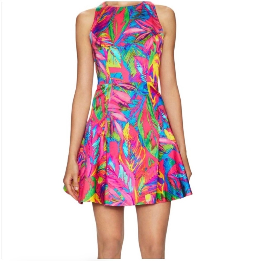 Milly Tropical Leaf Print Fit and Flare Mini Dress Multi-Color Pink Size 2